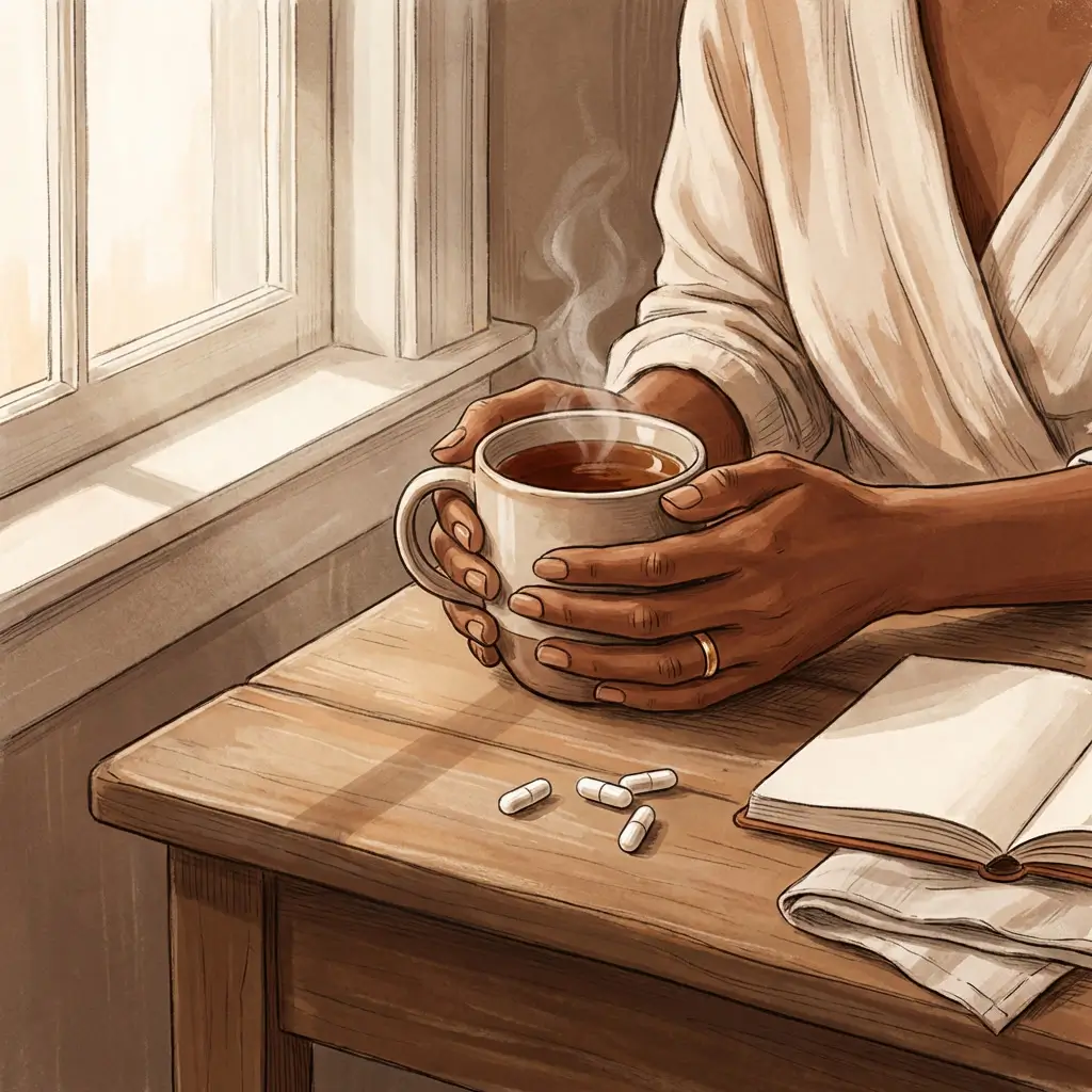 Close-up of deep brown hands holding a mug of tea with supplement capsules on the table