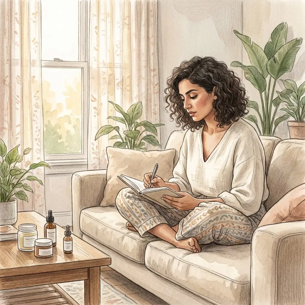 Woman with medium skin writing in a notebook beside skincare products on a coffee table.
