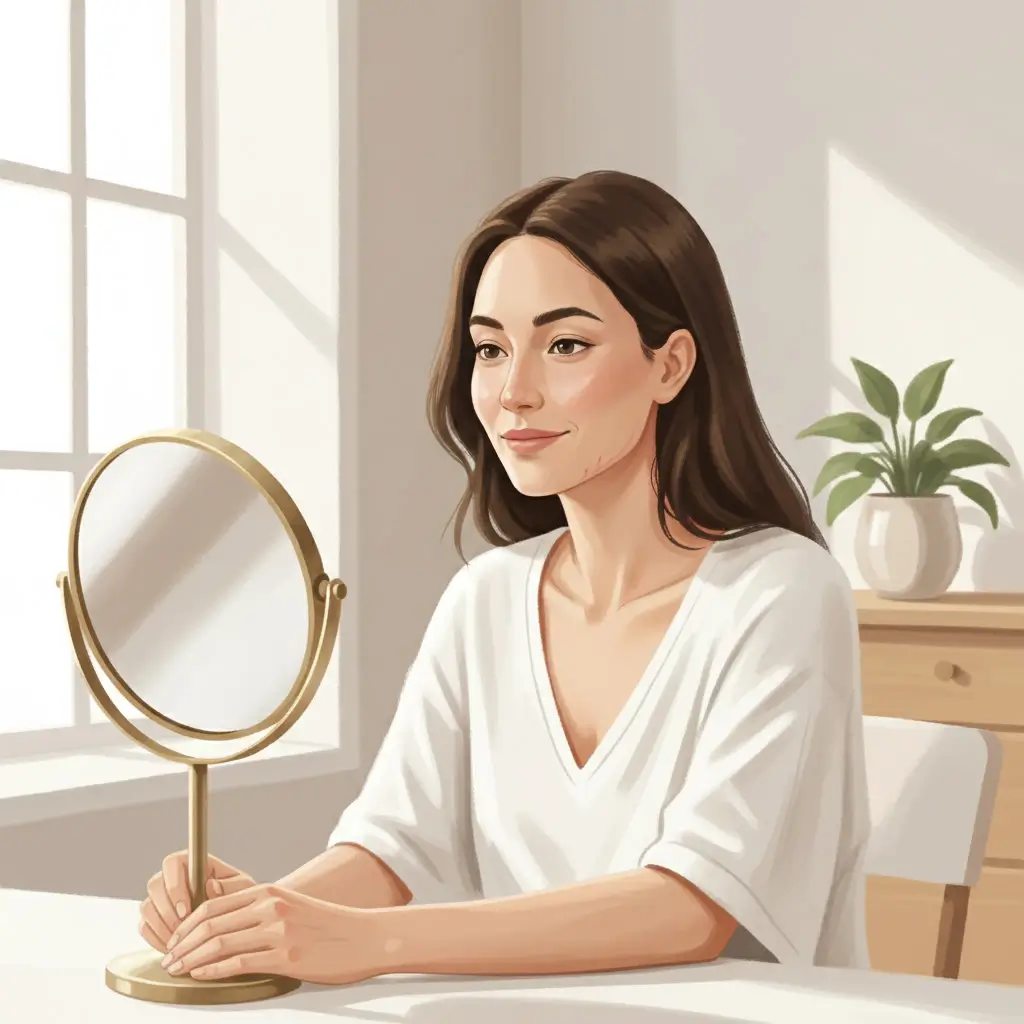  Woman looking at fading marks along her jawline with a patient expression