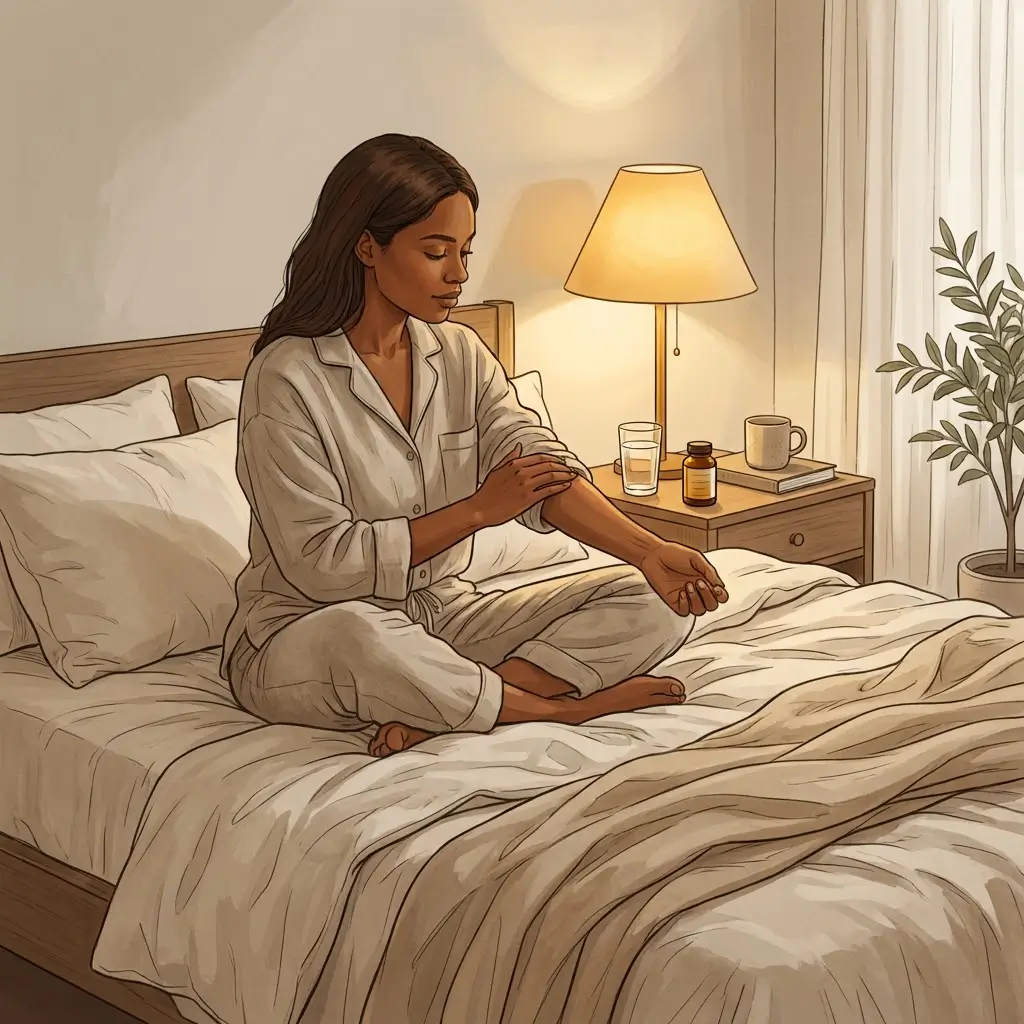  Woman with brown skin looking at her arm in soft light