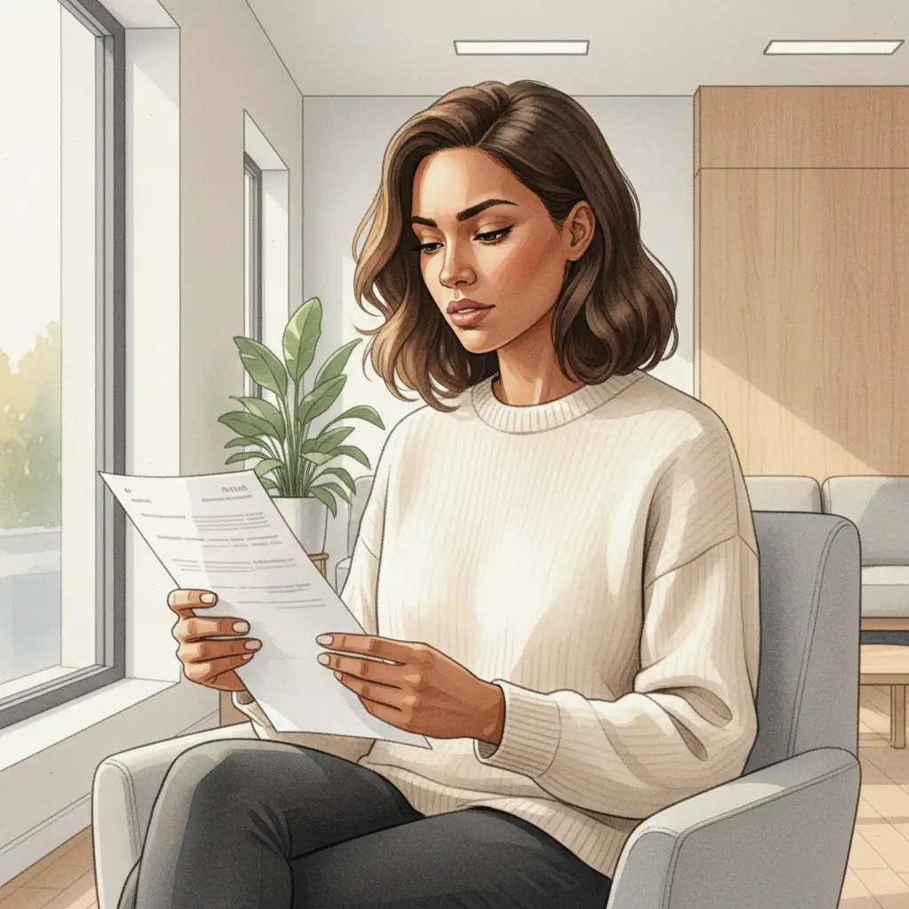 Woman with brown skin reading paperwork in a clinic waiting room