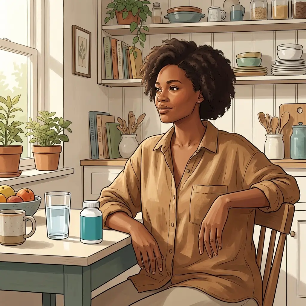 Woman with brown skin sitting at a kitchen table with supplements and water
