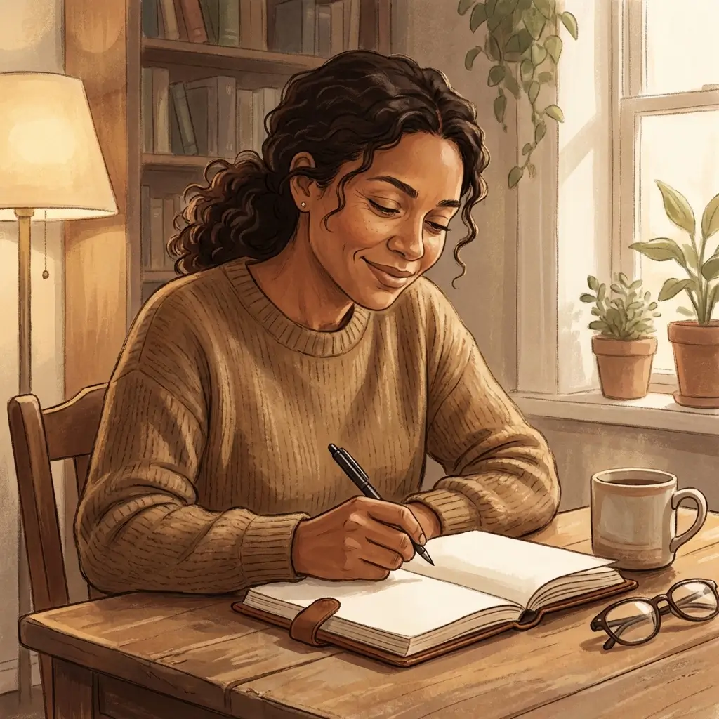  Woman writing in personal notebook at table