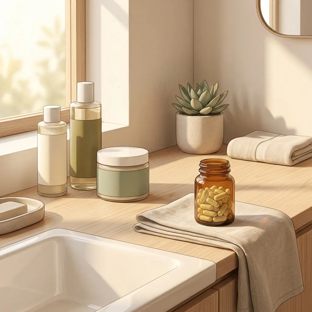 Bathroom counter with skincare products and supplement capsules arranged as complementary approaches
