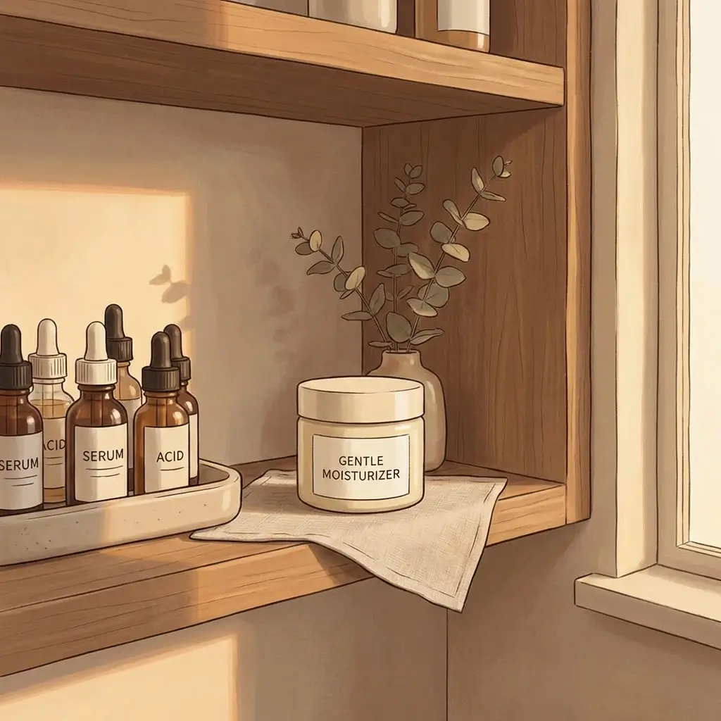 Bathroom shelf with active products moved aside and a single gentle moisturiser front and centre