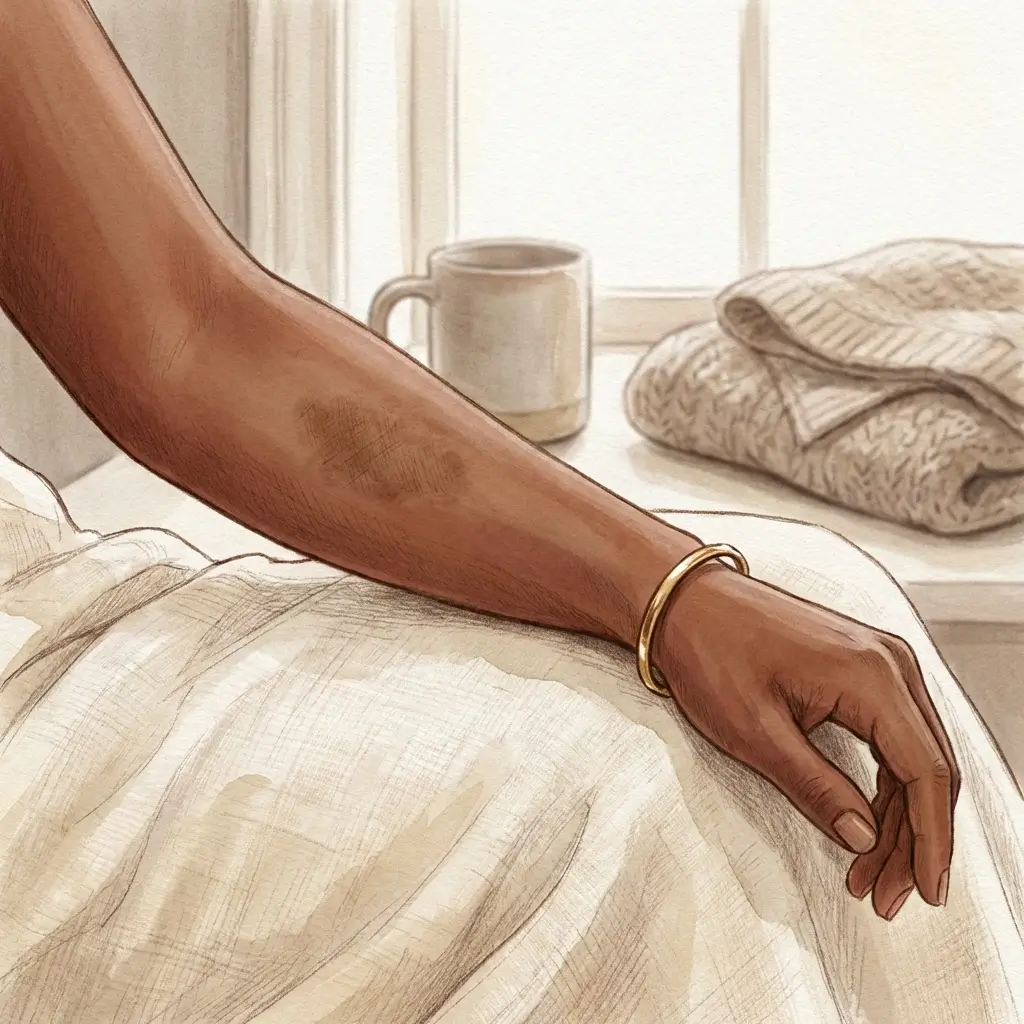 Close-up of a forearm showing a patch of darker skin where repeated flares have occurred.