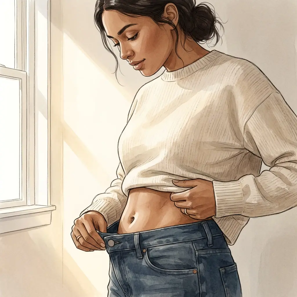 Close-up of a woman pulling a waistband away from her skin