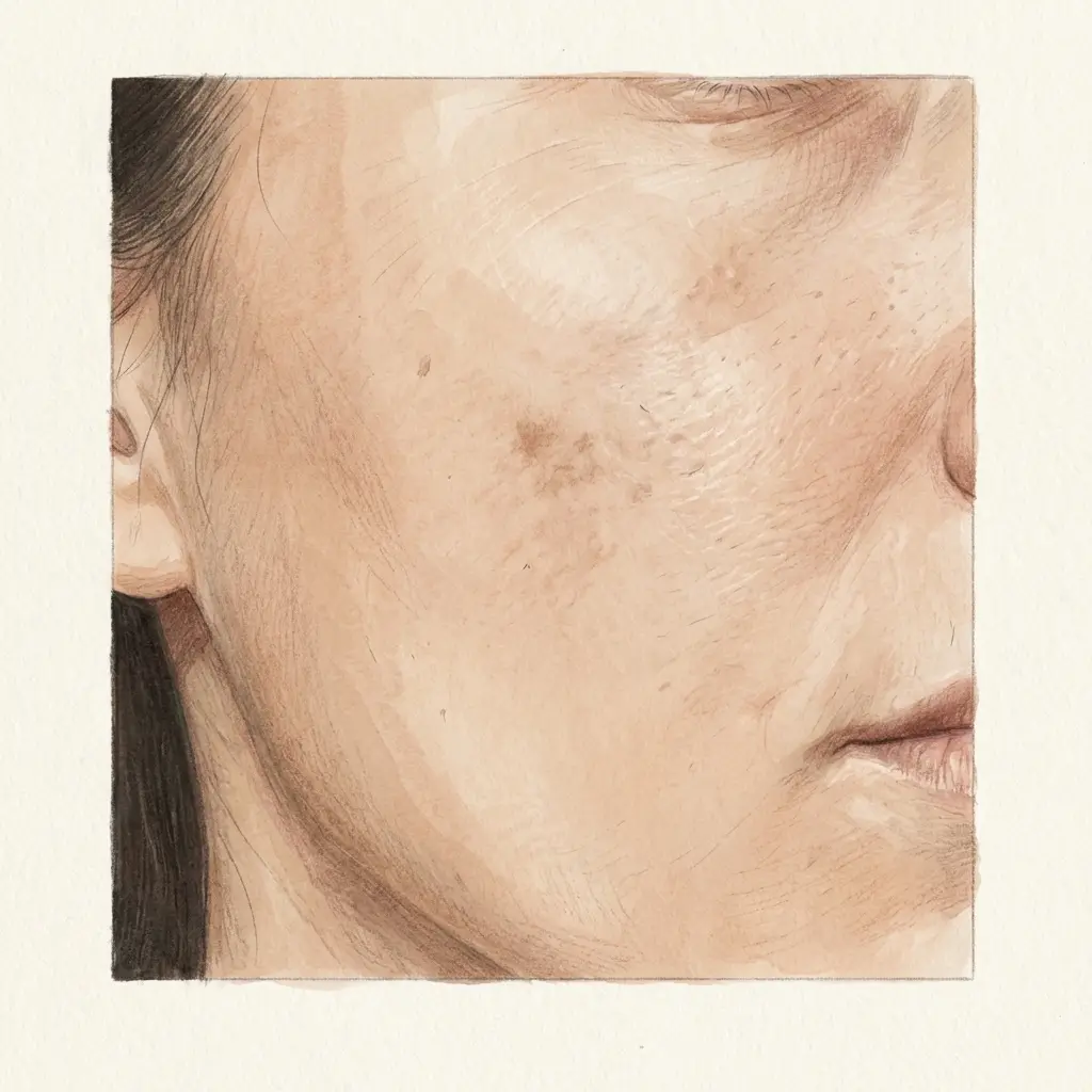 Close-up of a woman's cheek showing a fading dark mark where a breakout was.