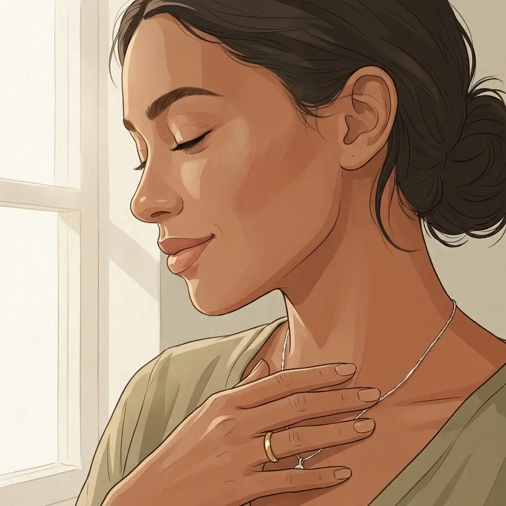 Close-up of a woman with warm brown skin, eyes closed, hand resting on her collarbone