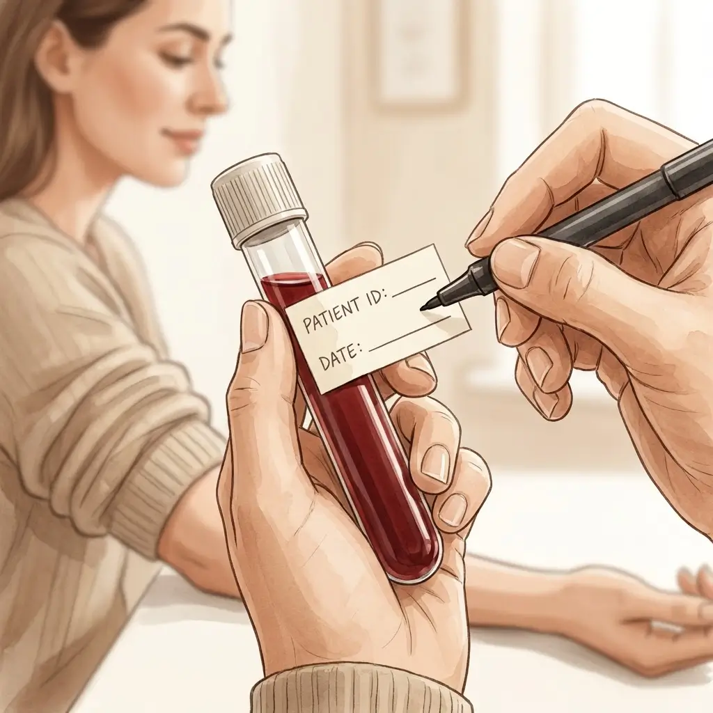 Close-up of blood test vial being labelled