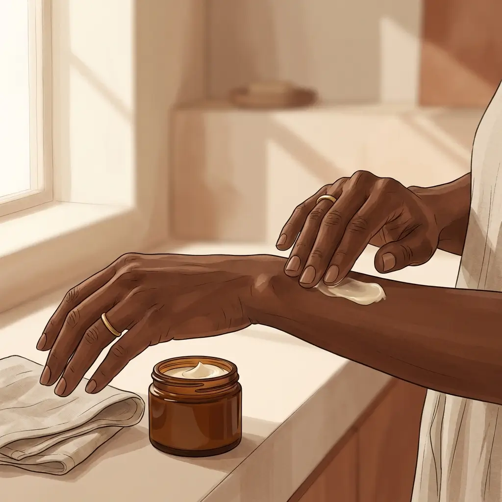 Close-up of dark brown hand carefully applying a single product to the forearm