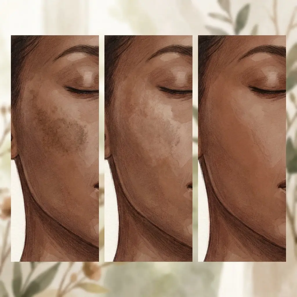 Close-up of dark brown skin showing PIH mark gradually fading across three stages