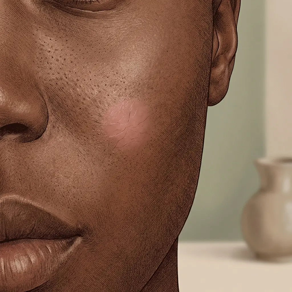 Close-up of deep brown skin showing subtle healing texture after a professional skin procedure