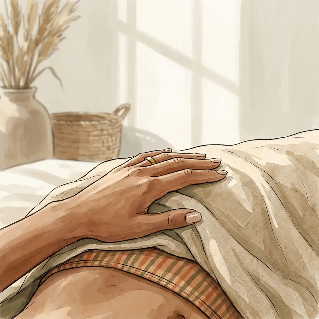 Close-up of hand gently touching bikini line area