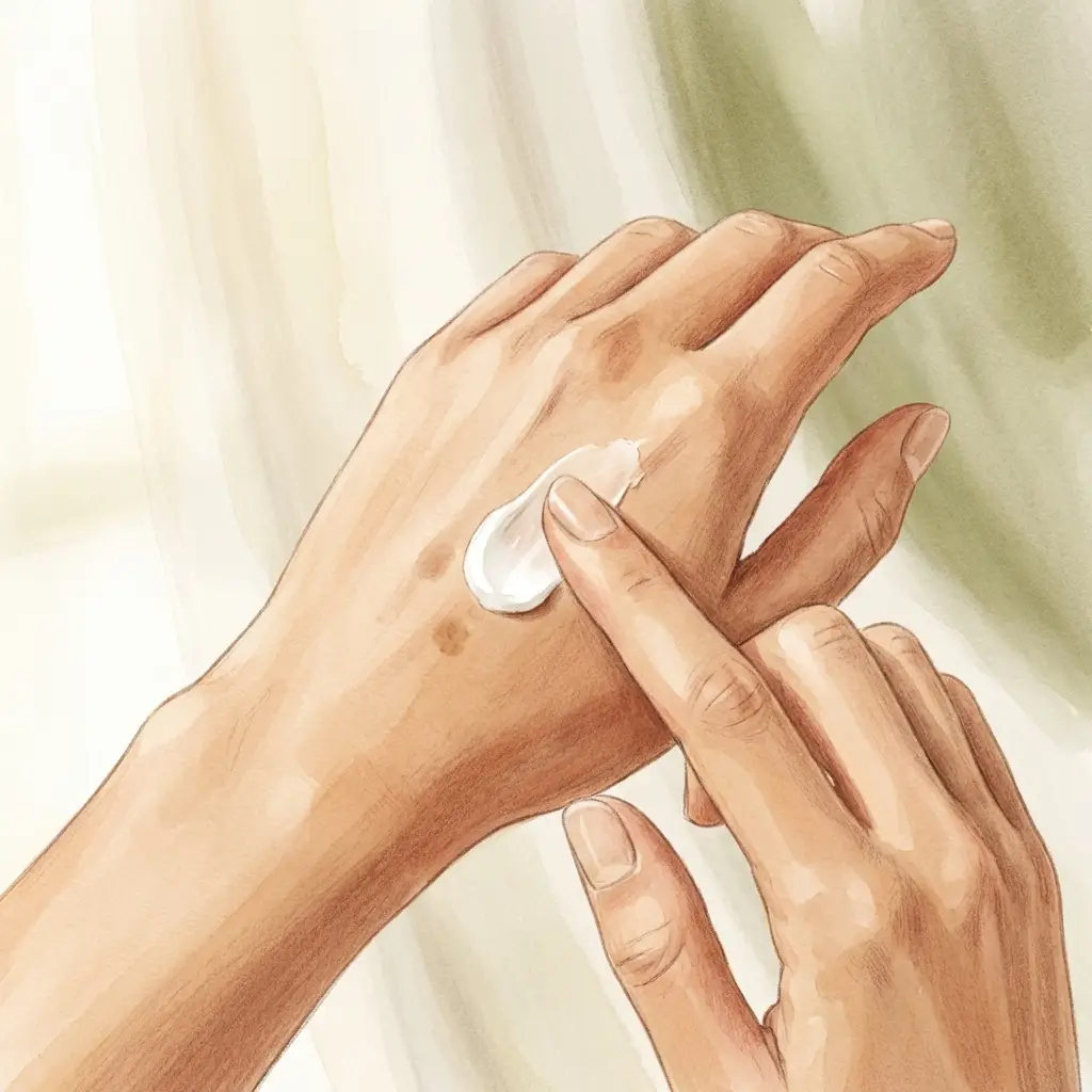 Close-up of light-medium skin hand with subtle sun spot being covered with sunscreen