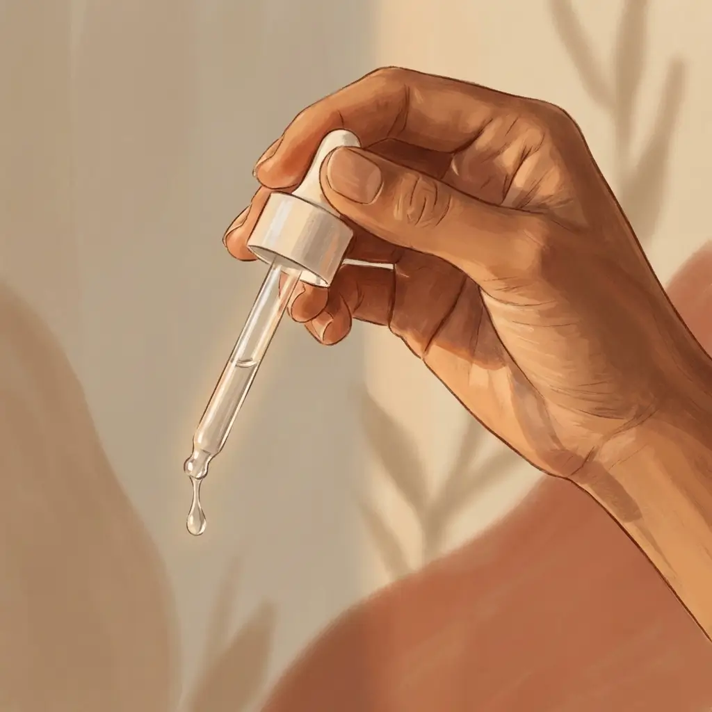 Close-up of medium-brown hand holding a single serum dropper, a single drop forming