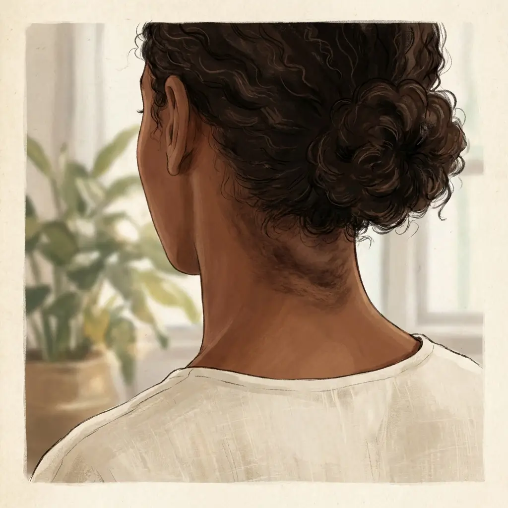 Close-up showing darkened velvety skin on the back of a woman's neck