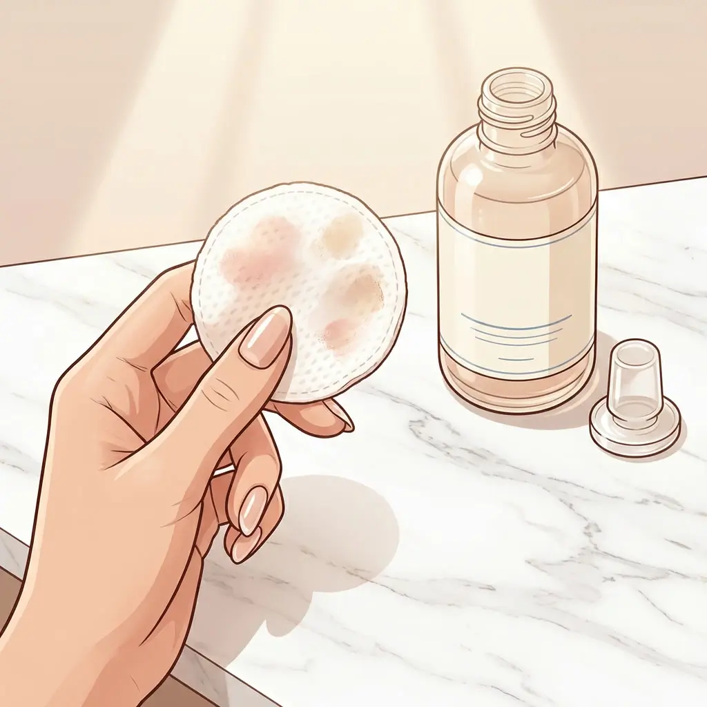 Cotton pad with product residue beside an open toner bottle