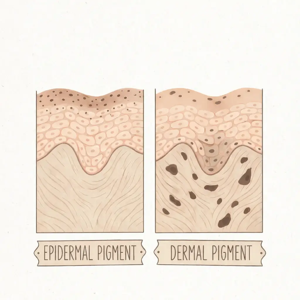 Cross-section showing the difference between epidermal and dermal pigment depth. 