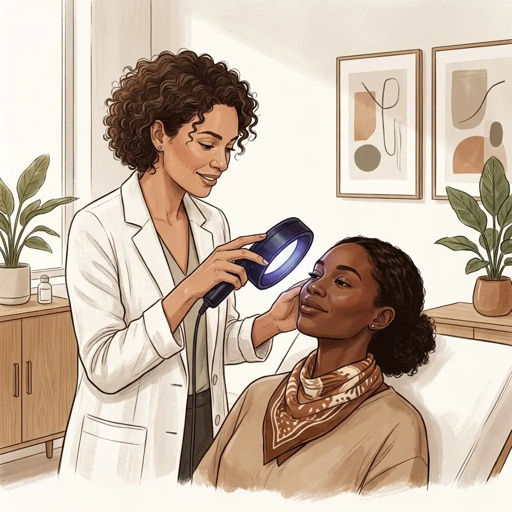 Dermatologist using a Wood's lamp to assess pigment on a woman with deep brown skin