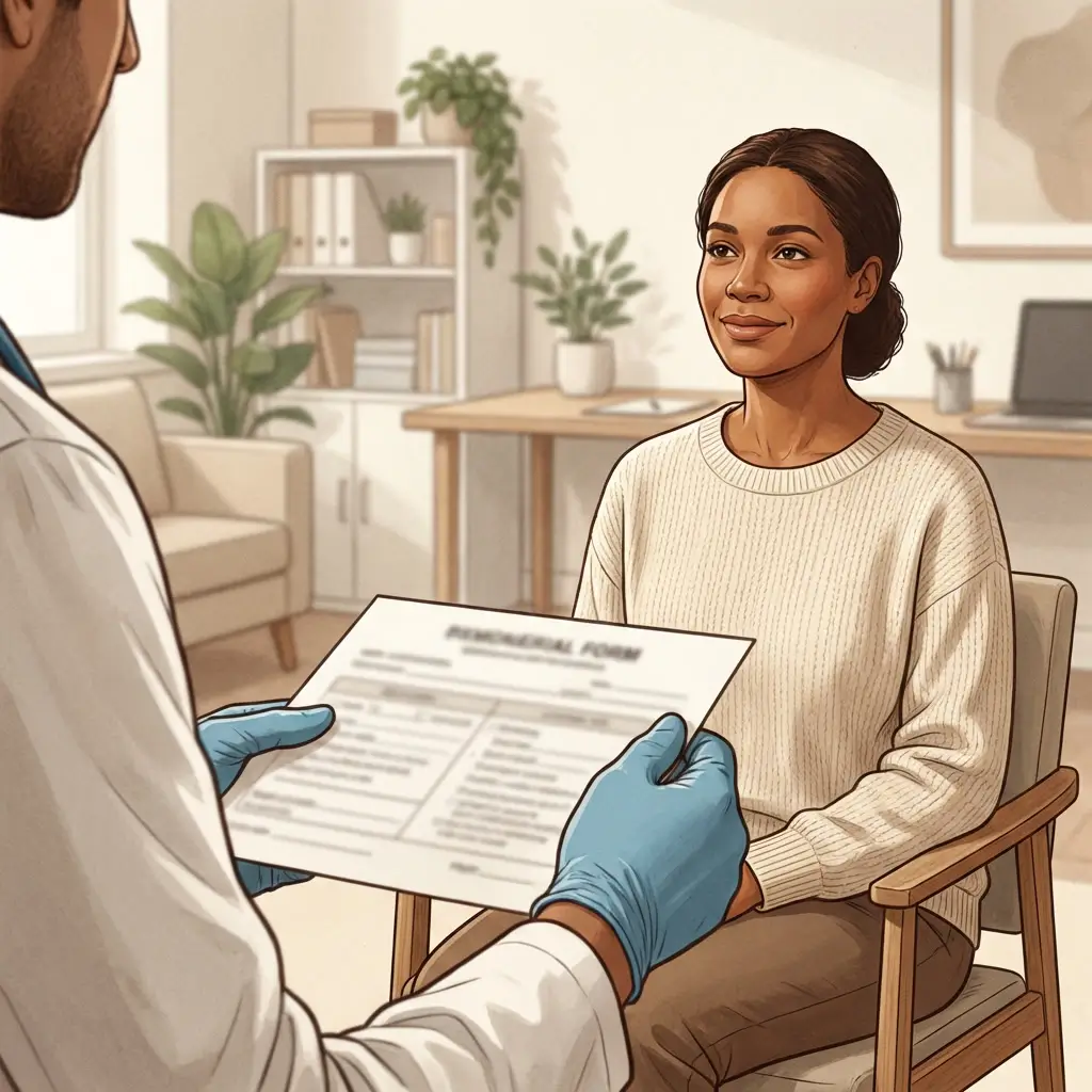 Doctor holding blood test form with patient sitting across desk