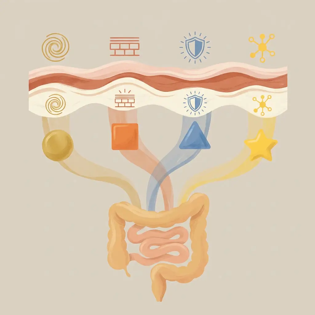 Four key nutrients flowing from the gut to the skin, each connecting to a different skin regulation process