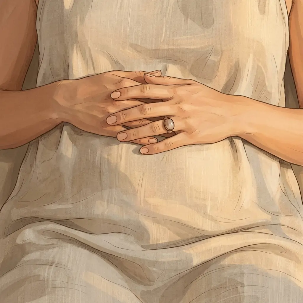 Hands resting gently on abdomen in warm light