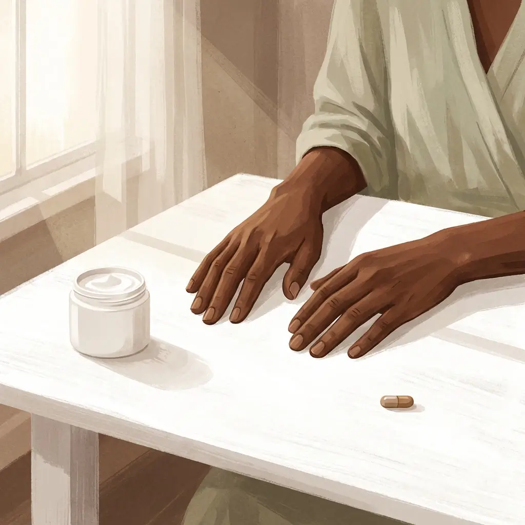 Hands resting near a simple, minimal skincare arrangement.