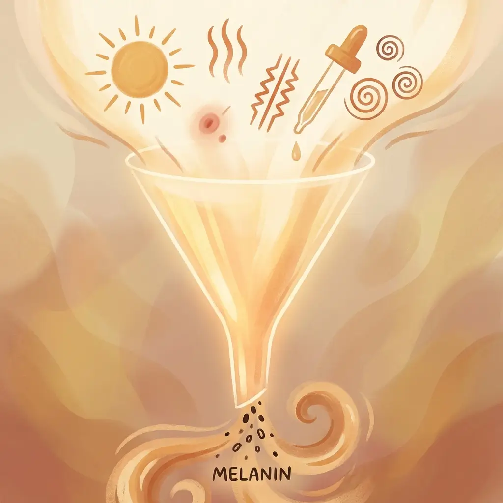 Illustration showing multiple triggers funnelling into a shared inflammatory pathway that drives melanin production.
