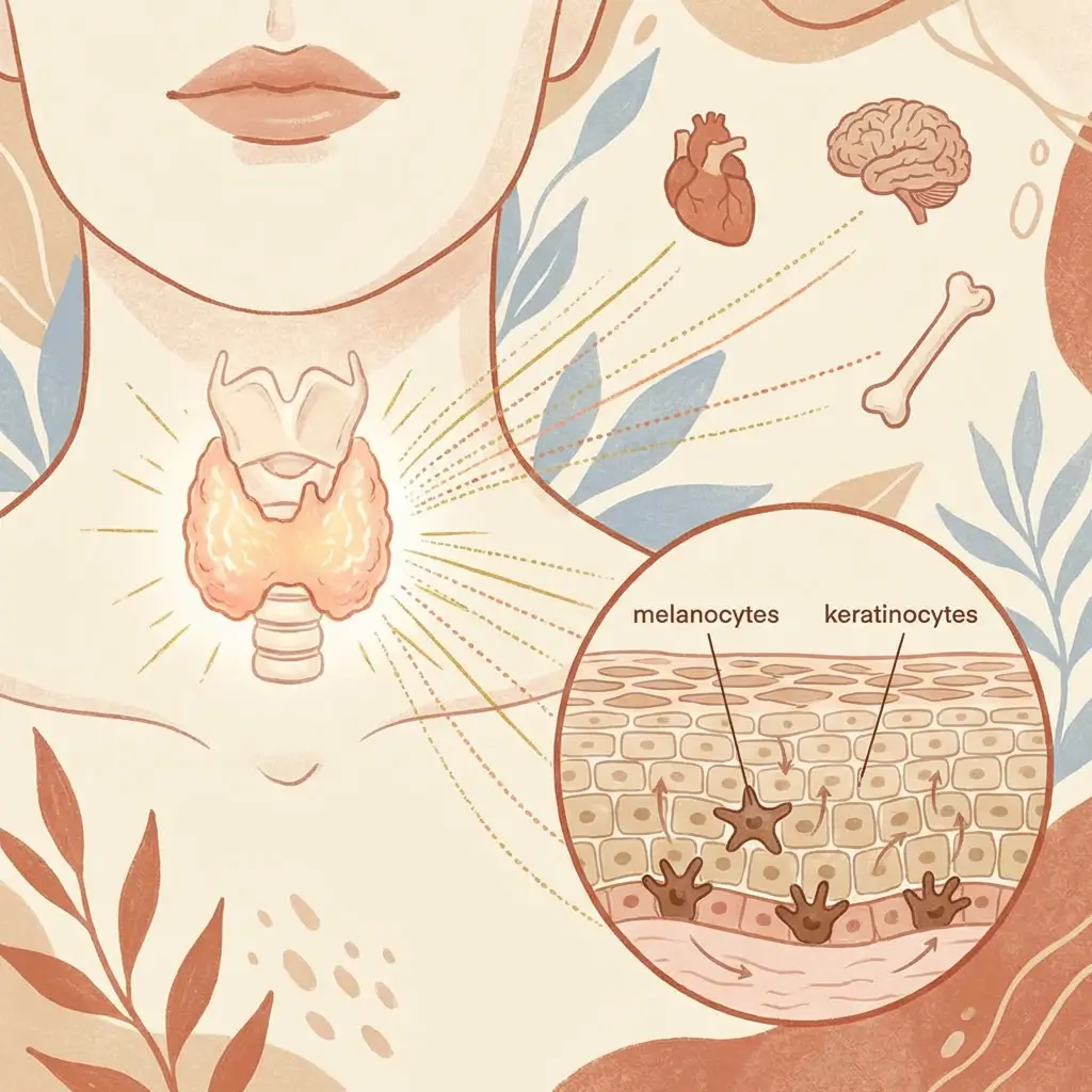 Illustration showing thyroid signals radiating to the skin, reaching melanocytes and keratinocytes.