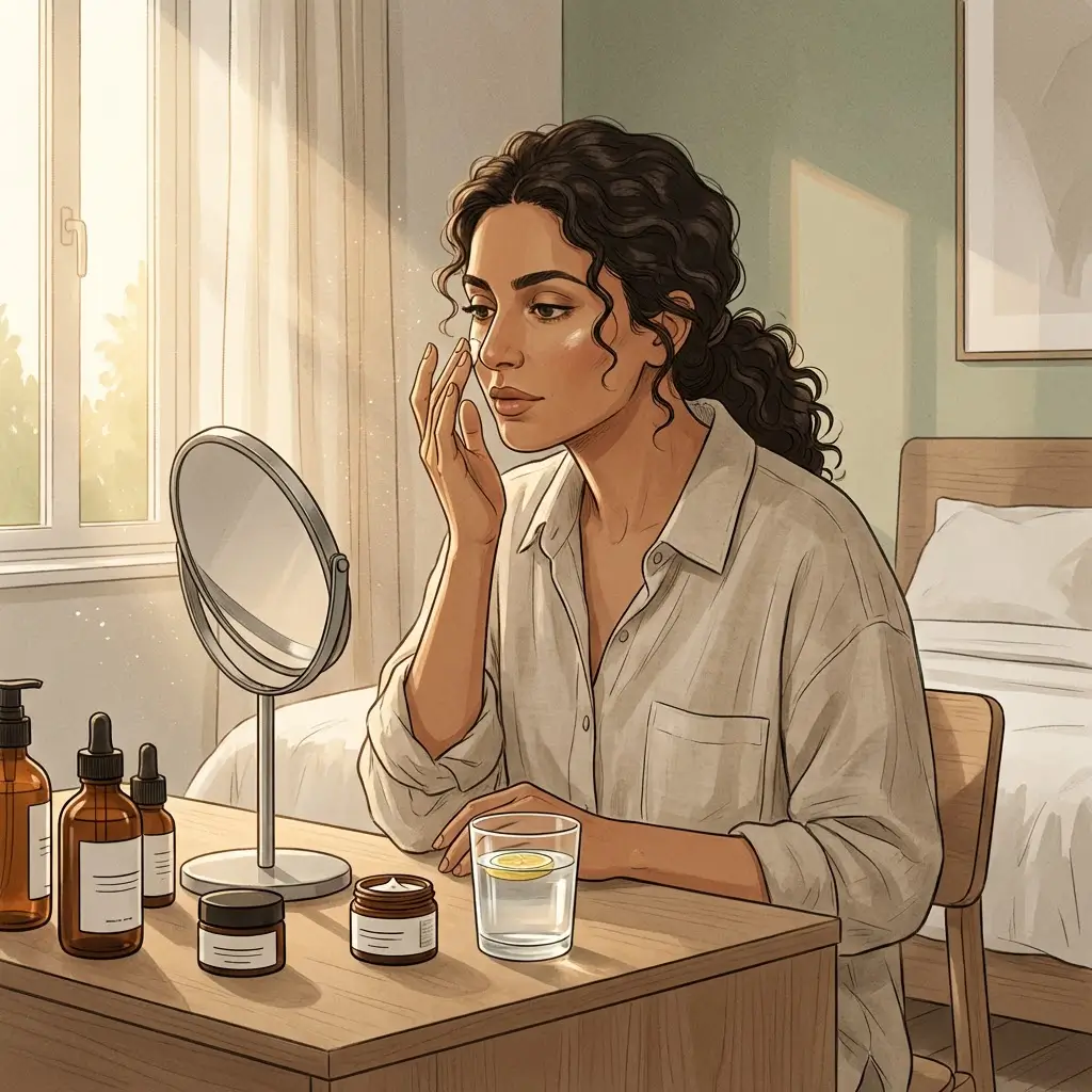 Middle Eastern woman with olive skin examining her face at a vanity table in afternoon light.