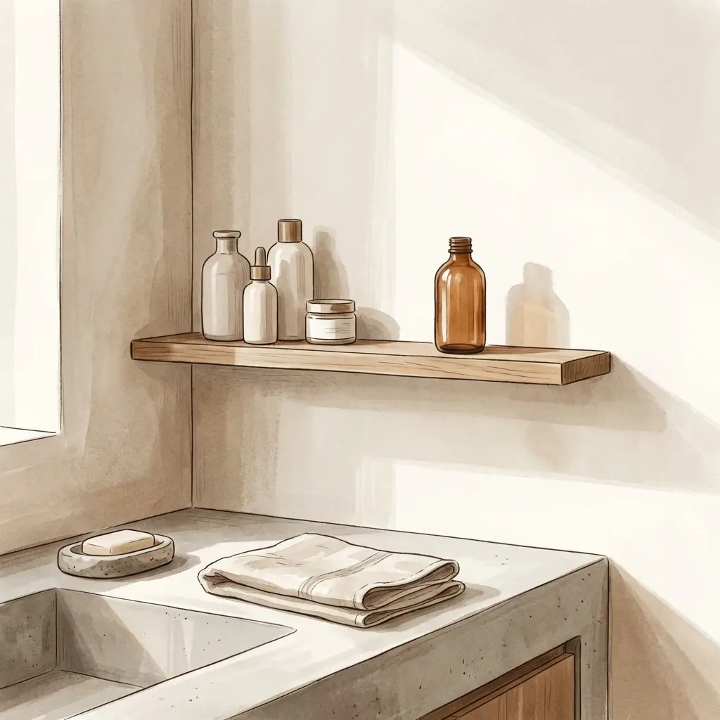 Minimal bathroom shelf with one product set aside suggesting intentional investigation of routine