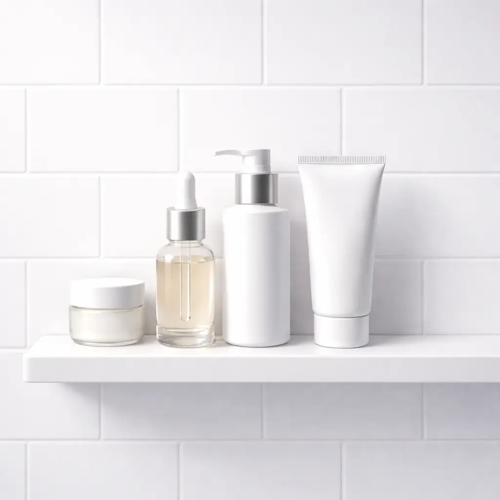 Neatly arranged skincare bottles on a shelf with empty space beyond them