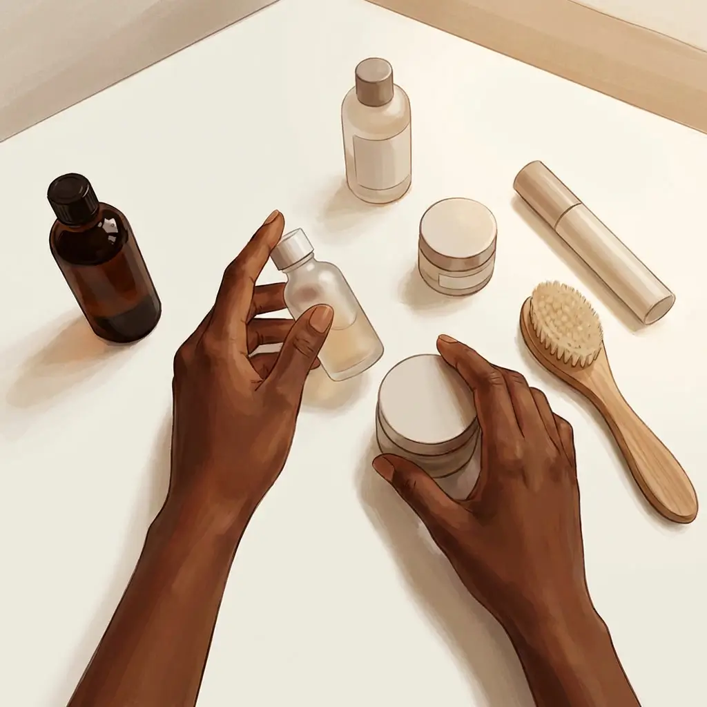 Overhead view of dark-skinned hands thoughtfully reorganising a few skincare products on a white surface