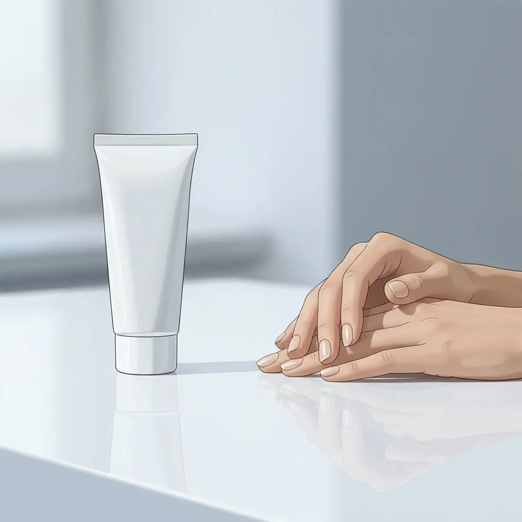 Pharmaceutical tube on a clinical desk with a woman's hands resting across from it