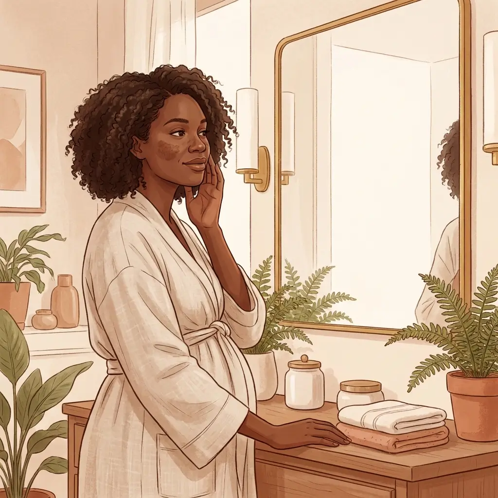 Pregnant woman with deep skin tone gently examining subtle melasma patches on her face in the mirror.