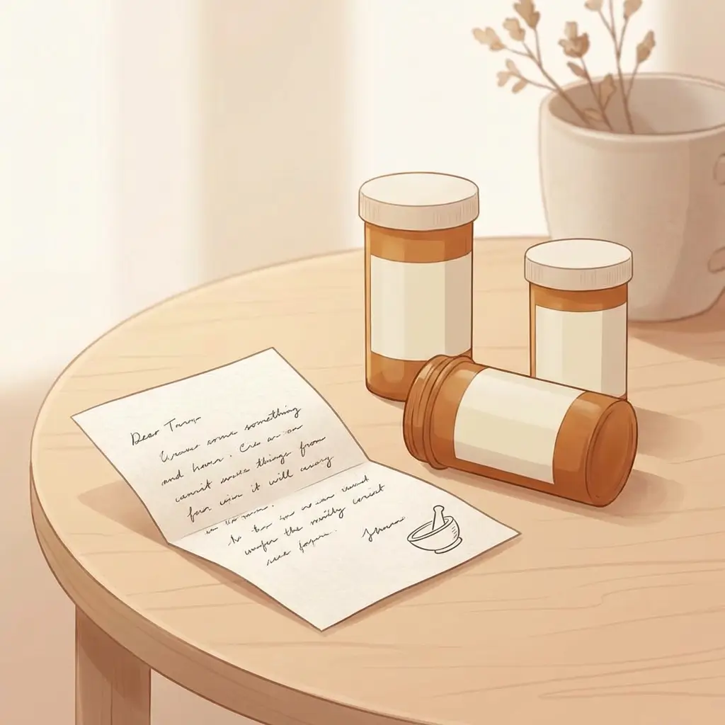 Prescription tubes and a treatment plan on a warm-toned surface in soft light