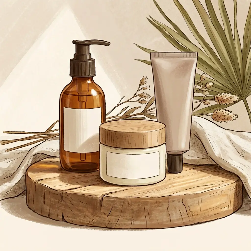 Simple skincare essentials in warm light