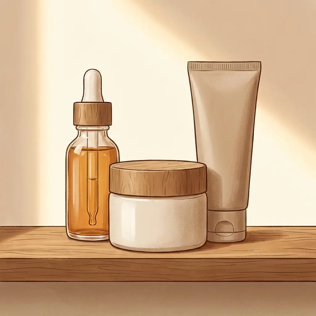 Simple skincare products in warm light