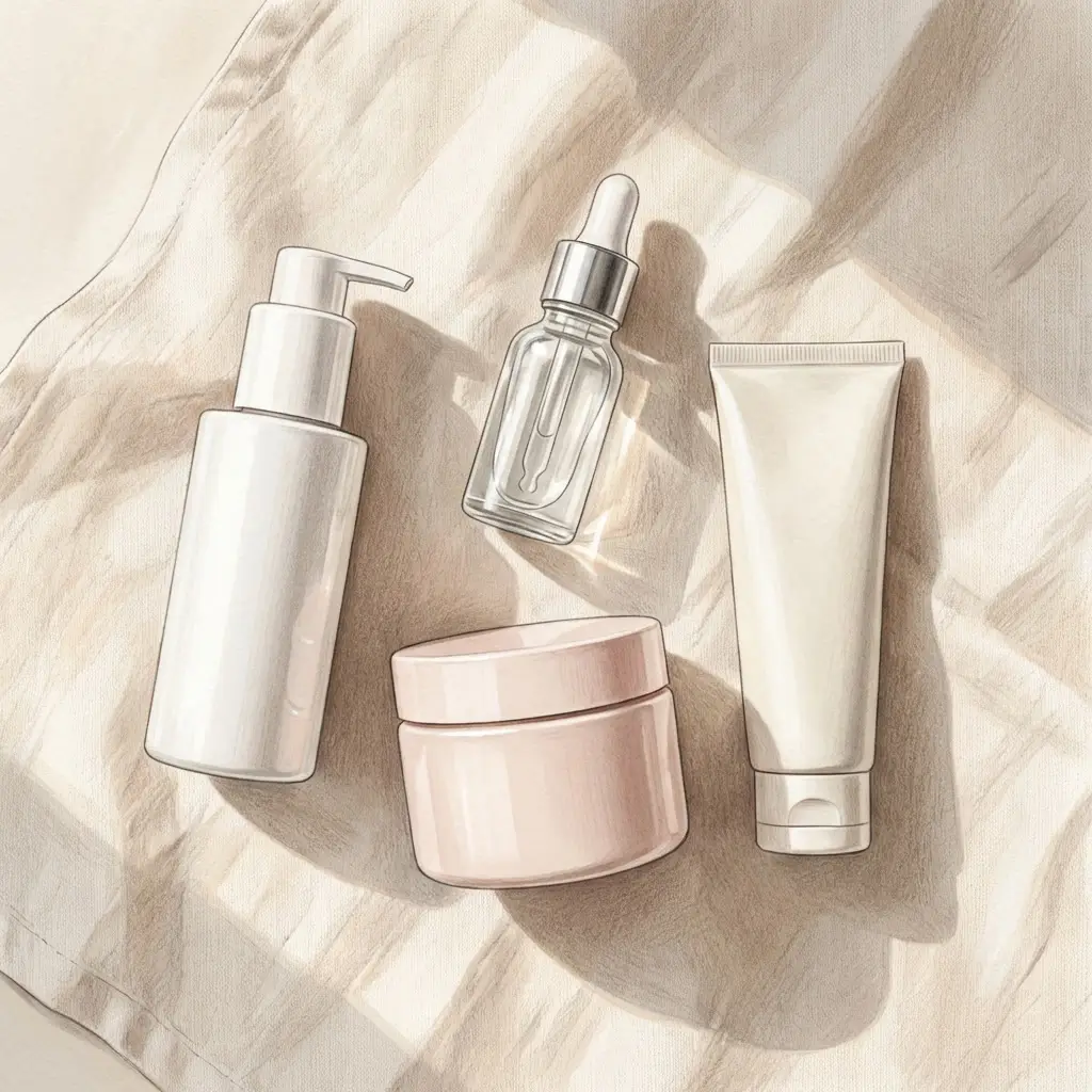 Simple skincare routine with four products in warm natural light