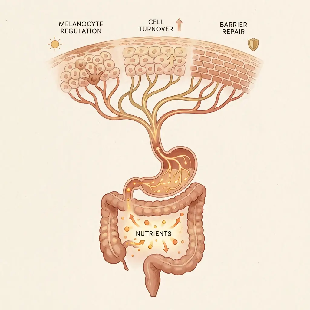 Simplified illustration of nutrients travelling from gut to bloodstream to skin, supporting melanocyte regulation and repair