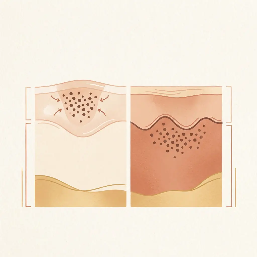 Skin cross-section comparing epidermal pigment moving toward the surface with dermal pigment sitting static below the junction.