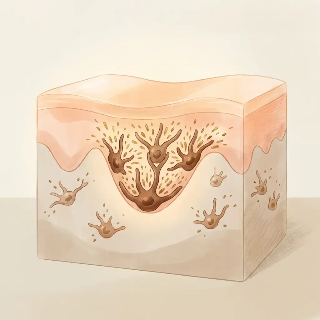 Skin cross-section showing a cluster of enlarged melanocytes producing excess pigment