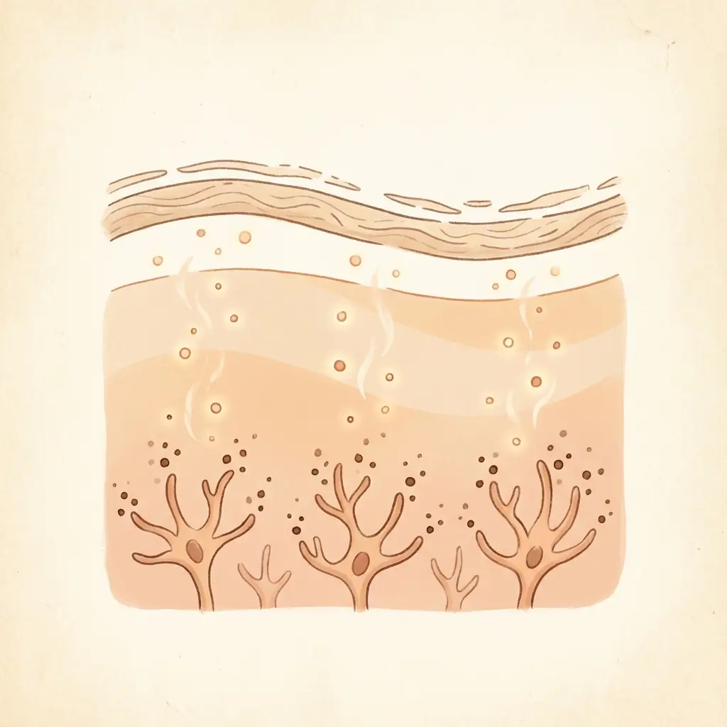 Skin cross-section showing a thinned barrier layer with mild inflammatory signals reaching melanocytes below.