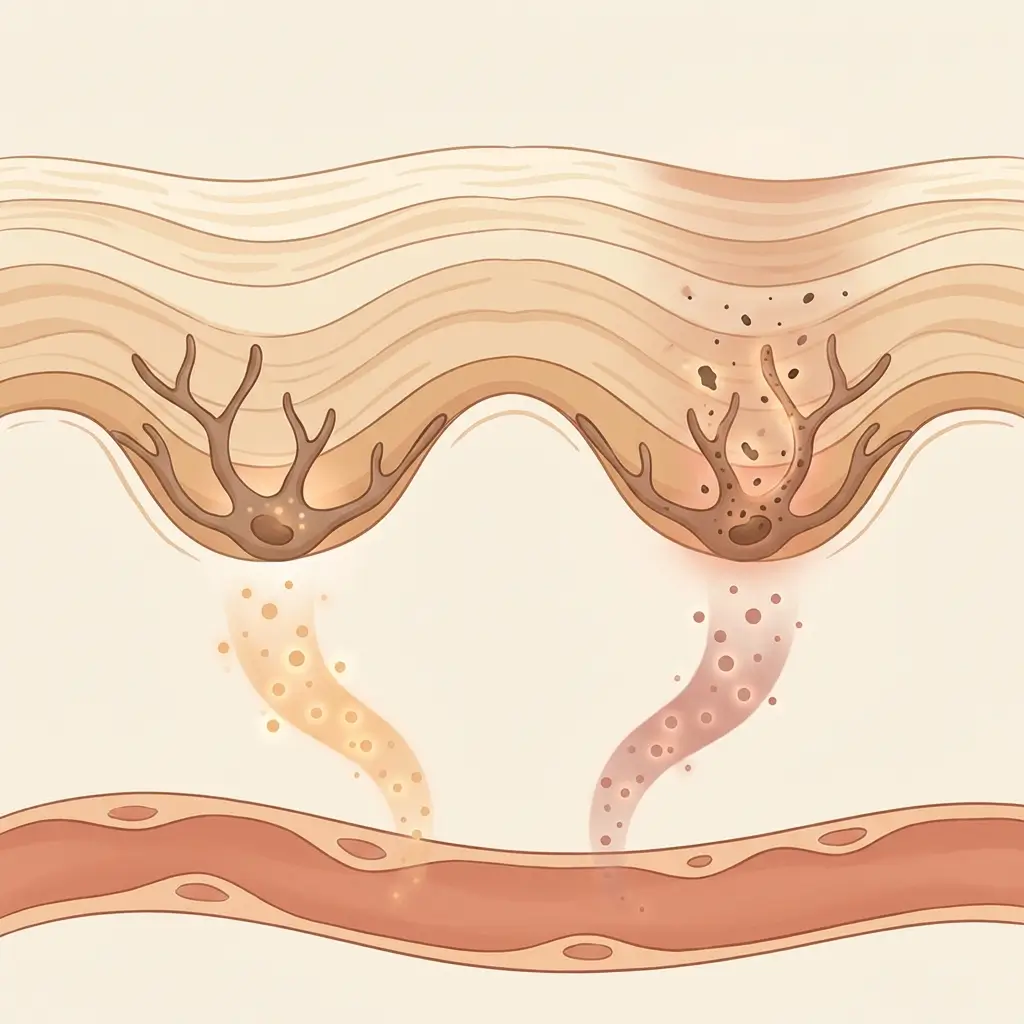 Skin cross-section showing melanocytes receiving estrogen and progestin signals and beginning to produce pigment.