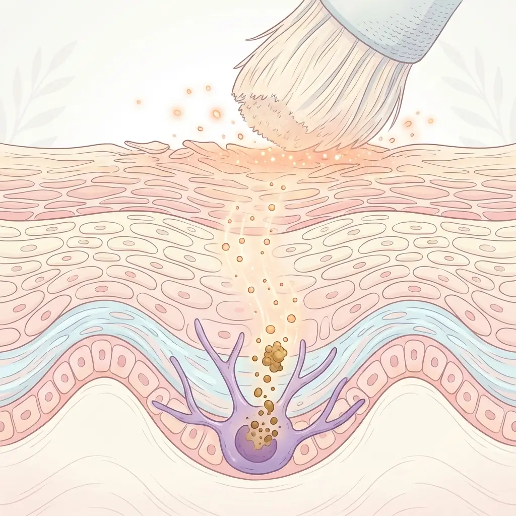 Skin cross-section showing surface friction sending inflammatory signals to a melanocyte