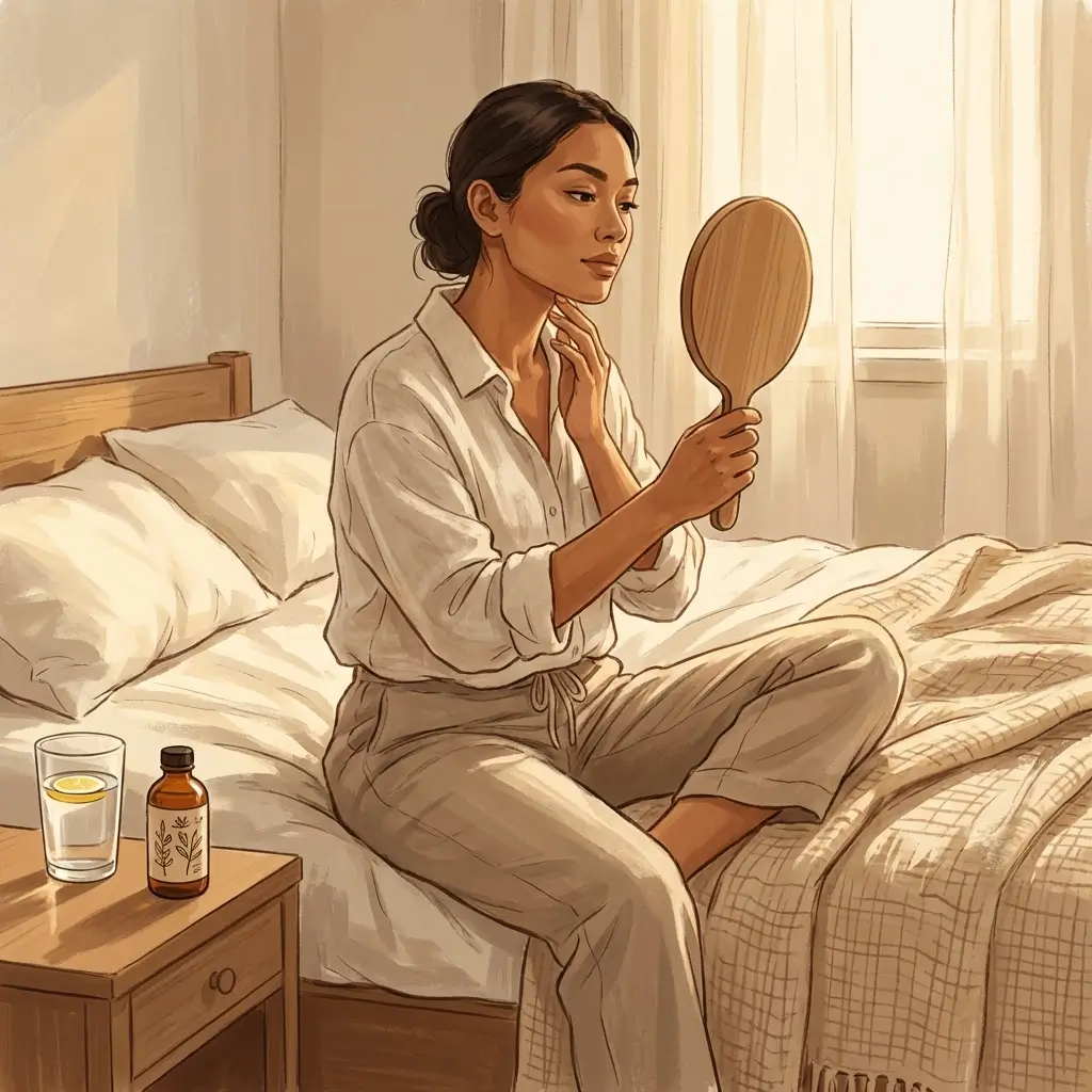 Southeast Asian woman with tan skin checking her jawline in a hand mirror on the edge of a bed.