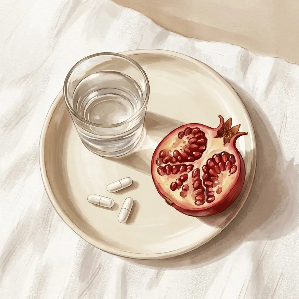 Supplement capsules, water glass, and halved pomegranate on a clean surface in morning light