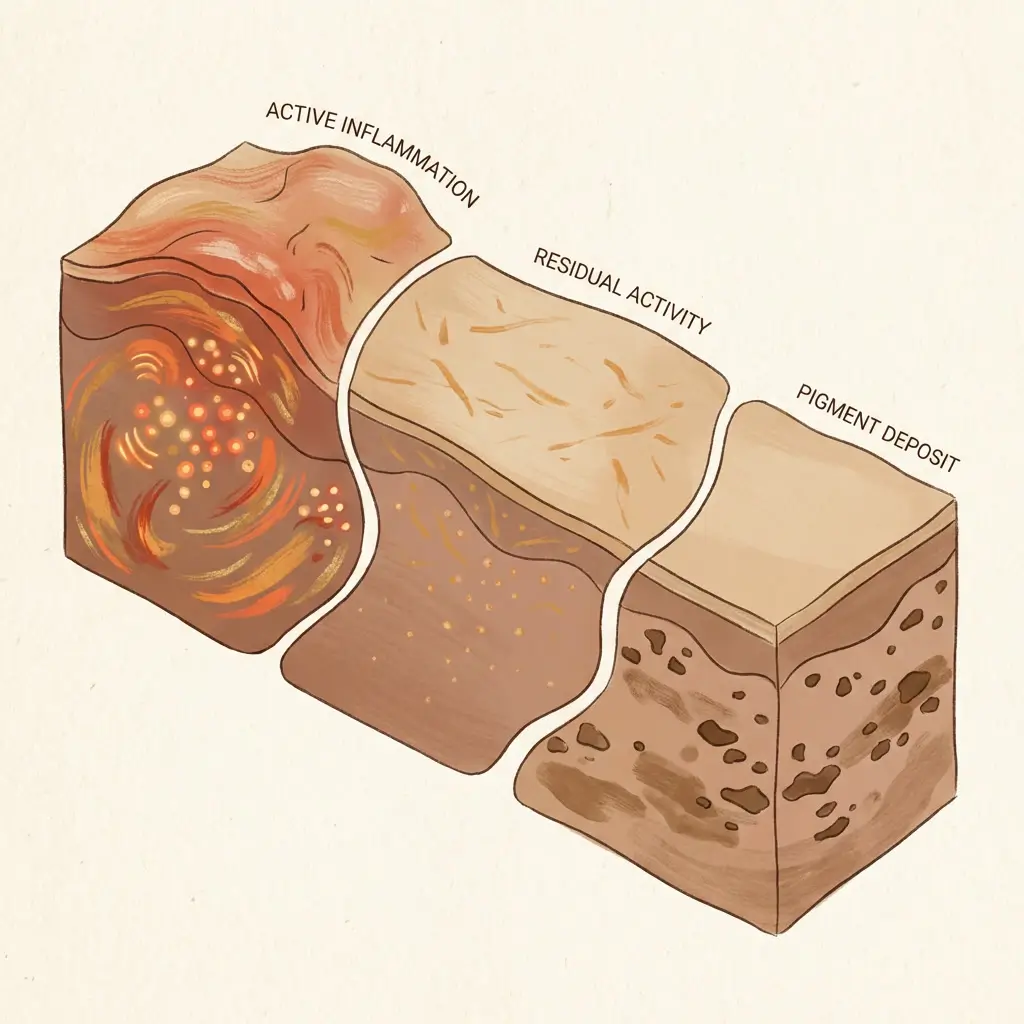 Three-stage illustration showing how inflammation persists beneath the surface after the visible trigger resolves.