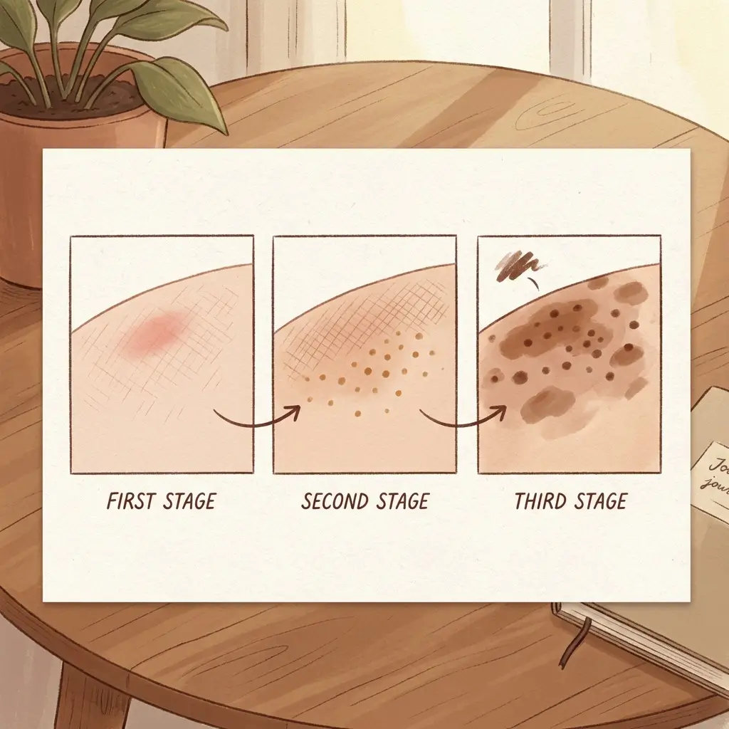Three-stage illustration showing how repeated mild irritation gradually builds visible pigmentation over time.